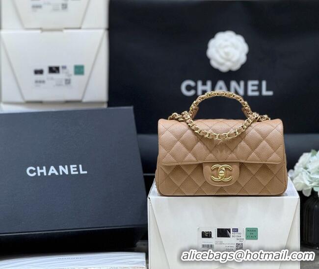 Best Price Chanel Mini Flap Bag with Top Handle in Grained Shiny Calfskin AS5701 Camel 2025 Top Quality