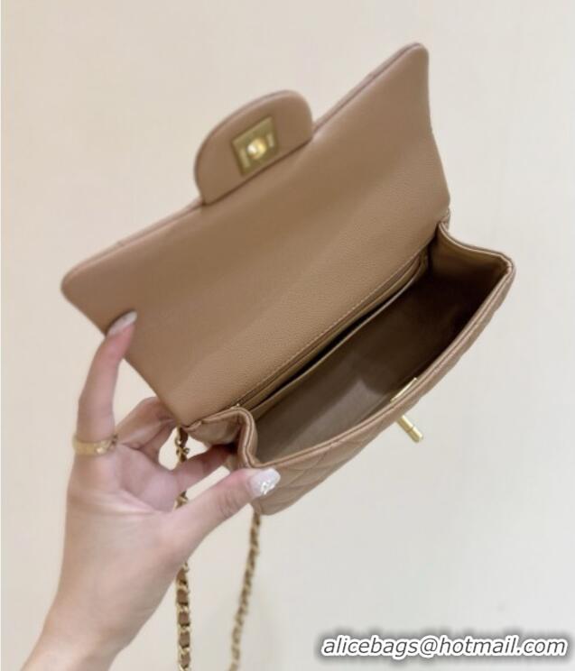 Best Price Chanel Mini Flap Bag with Top Handle in Grained Shiny Calfskin AS5701 Camel 2025 Top Quality