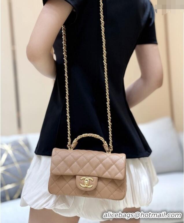 Best Price Chanel Mini Flap Bag with Top Handle in Grained Shiny Calfskin AS5701 Camel 2025 Top Quality