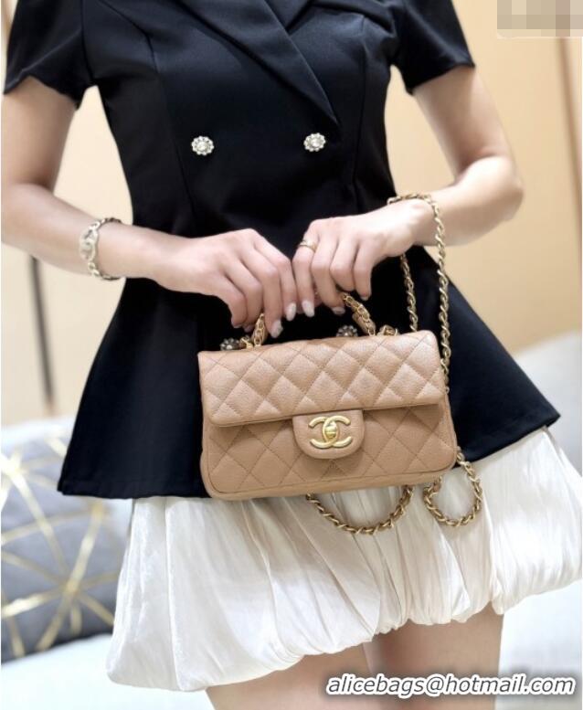 Best Price Chanel Mini Flap Bag with Top Handle in Grained Shiny Calfskin AS5701 Camel 2025 Top Quality