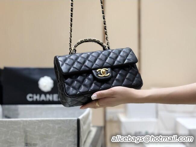 Luxury Discount Chanel Small Flap Bag with Top Handle in Grained Shiny Calfskin AS5702 Black 2025 Top Quality
