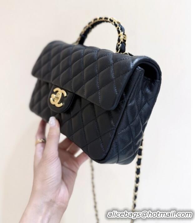 Luxury Discount Chanel Small Flap Bag with Top Handle in Grained Shiny Calfskin AS5702 Black 2025 Top Quality