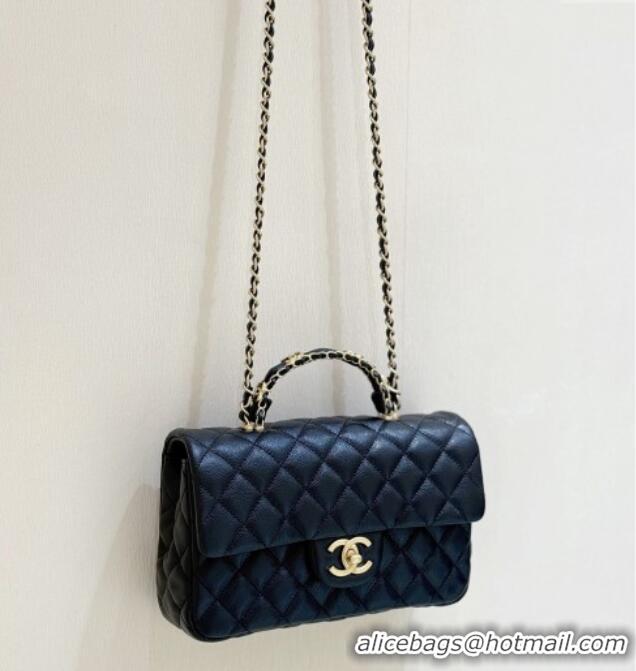 Luxury Discount Chanel Small Flap Bag with Top Handle in Grained Shiny Calfskin AS5702 Black 2025 Top Quality