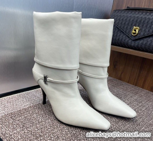 Shop Cheap Saint Laurent Niki Heel Ankle Boots 9.5cm with YSL Strap in Calfskin White 0825078