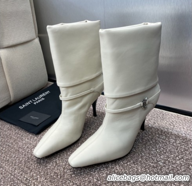 Shop Cheap Saint Laurent Niki Heel Ankle Boots 9.5cm with YSL Strap in Calfskin White 0825078