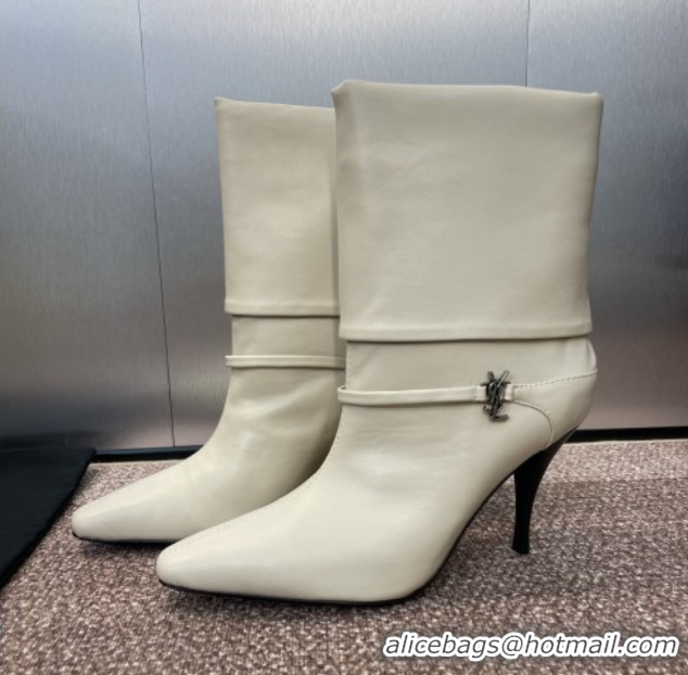 Shop Cheap Saint Laurent Niki Heel Ankle Boots 9.5cm with YSL Strap in Calfskin White 0825078