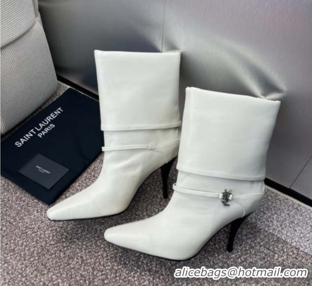 Shop Cheap Saint Laurent Niki Heel Ankle Boots 9.5cm with YSL Strap in Calfskin White 0825078