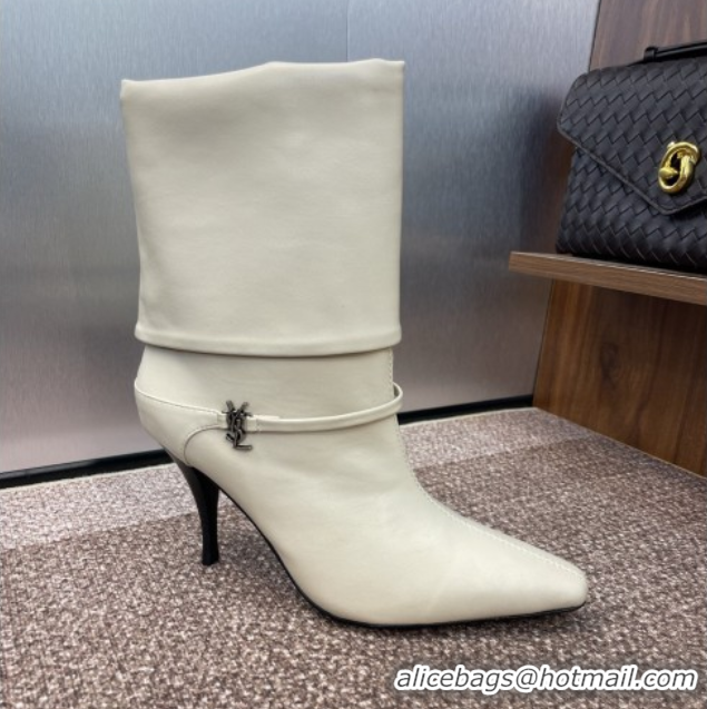 Shop Cheap Saint Laurent Niki Heel Ankle Boots 9.5cm with YSL Strap in Calfskin White 0825078