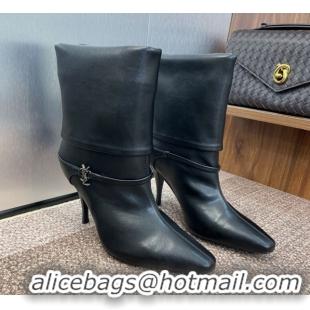 Best Product Saint Laurent Niki Heel Ankle Boots 9.5cm with YSL Strap in Calfskin Black 0825079