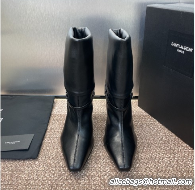 Best Product Saint Laurent Niki Heel Ankle Boots 9.5cm with YSL Strap in Calfskin Black 0825079