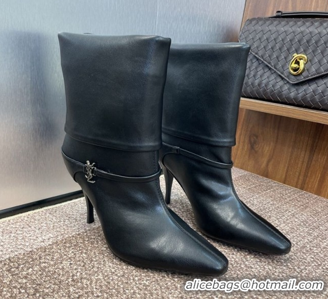 Best Product Saint Laurent Niki Heel Ankle Boots 9.5cm with YSL Strap in Calfskin Black 0825079