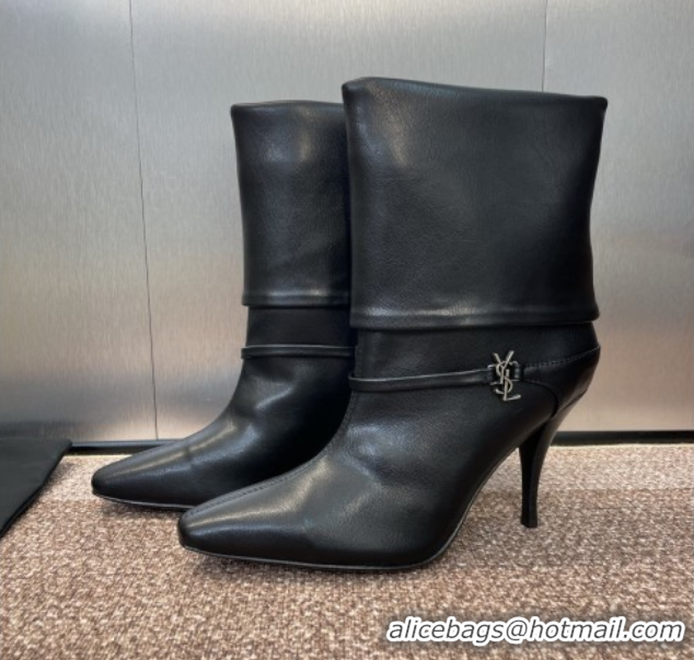 Best Product Saint Laurent Niki Heel Ankle Boots 9.5cm with YSL Strap in Calfskin Black 0825079