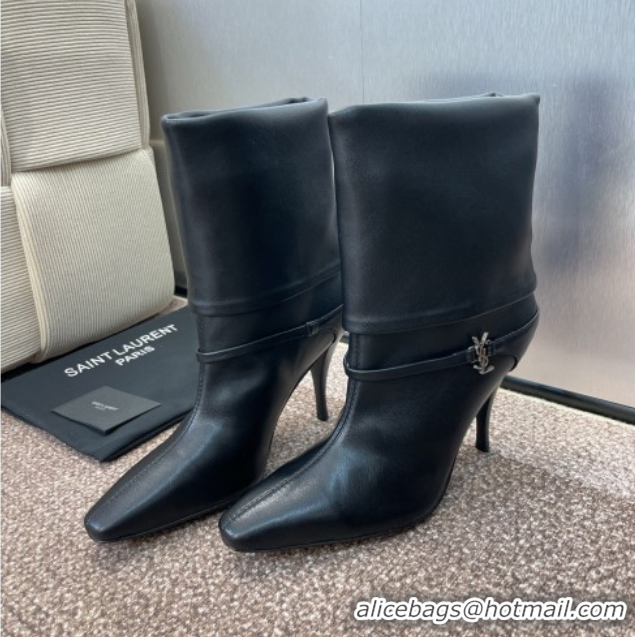 Best Product Saint Laurent Niki Heel Ankle Boots 9.5cm with YSL Strap in Calfskin Black 0825079