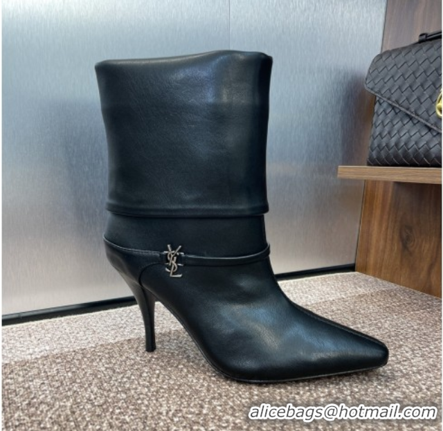 Best Product Saint Laurent Niki Heel Ankle Boots 9.5cm with YSL Strap in Calfskin Black 0825079