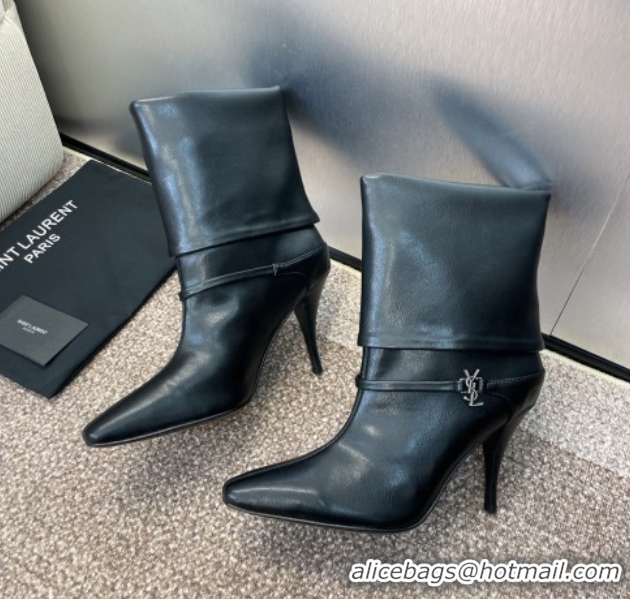Best Product Saint Laurent Niki Heel Ankle Boots 9.5cm with YSL Strap in Calfskin Black 0825079