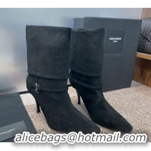 Shop Duplicate Saint Laurent Niki Heel Ankle Boots 9.5cm with YSL Strap in Suede Black 0825080