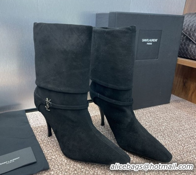 Shop Duplicate Saint Laurent Niki Heel Ankle Boots 9.5cm with YSL Strap in Suede Black 0825080