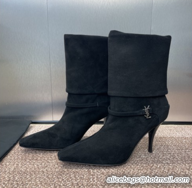 Shop Duplicate Saint Laurent Niki Heel Ankle Boots 9.5cm with YSL Strap in Suede Black 0825080