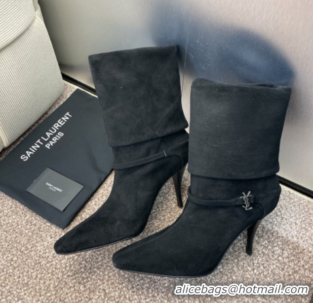 Shop Duplicate Saint Laurent Niki Heel Ankle Boots 9.5cm with YSL Strap in Suede Black 0825080