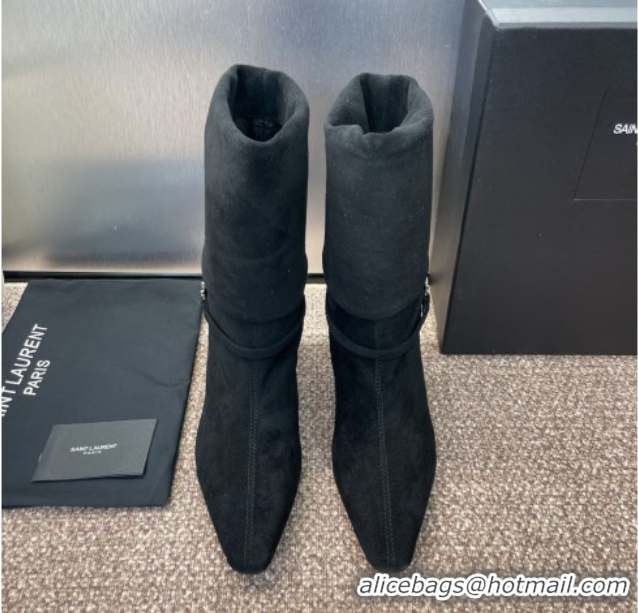 Shop Duplicate Saint Laurent Niki Heel Ankle Boots 9.5cm with YSL Strap in Suede Black 0825080