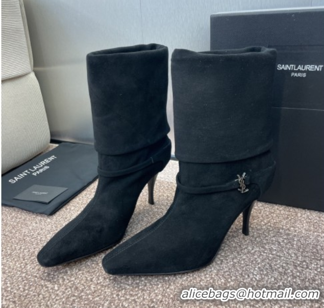 Shop Duplicate Saint Laurent Niki Heel Ankle Boots 9.5cm with YSL Strap in Suede Black 0825080
