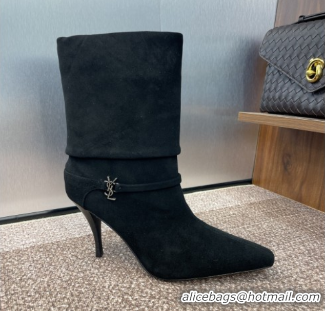 Shop Duplicate Saint Laurent Niki Heel Ankle Boots 9.5cm with YSL Strap in Suede Black 0825080
