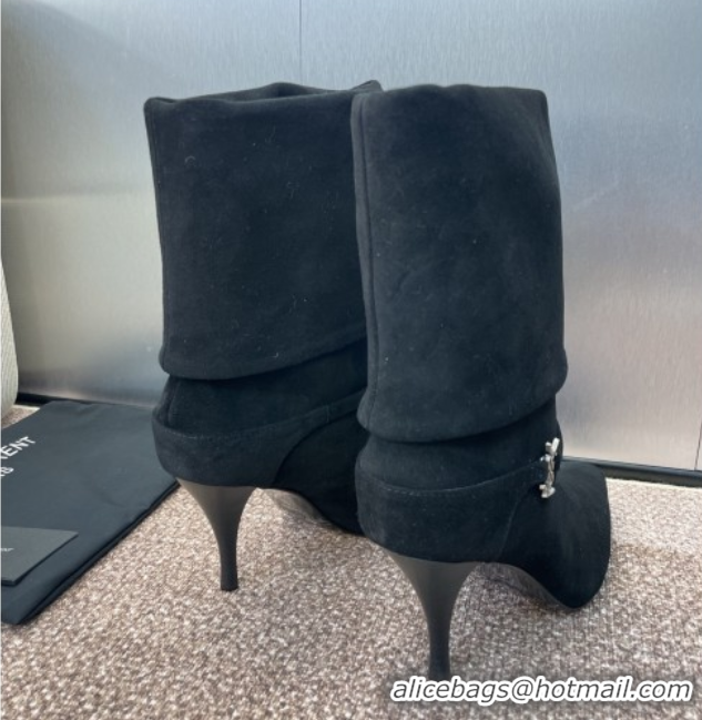 Shop Duplicate Saint Laurent Niki Heel Ankle Boots 9.5cm with YSL Strap in Suede Black 0825080