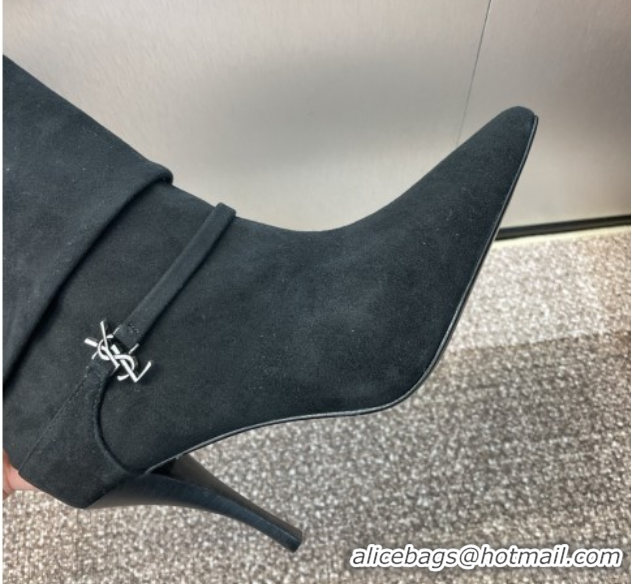 Shop Duplicate Saint Laurent Niki Heel Ankle Boots 9.5cm with YSL Strap in Suede Black 0825080