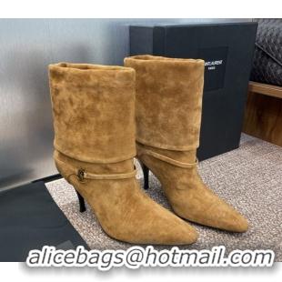 Classic Hot Saint Laurent Niki Heel Ankle Boots 9.5cm with YSL Strap in Suede Brown 0825081
