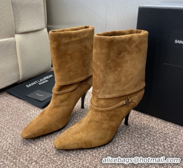Classic Hot Saint Laurent Niki Heel Ankle Boots 9.5cm with YSL Strap in Suede Brown 0825081