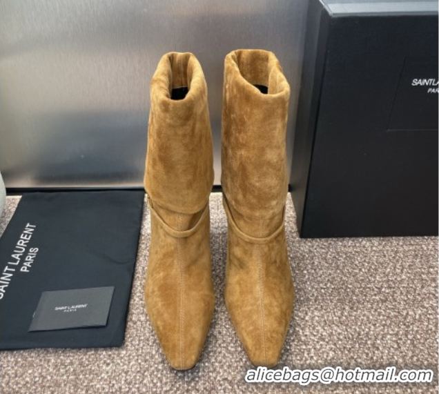 Classic Hot Saint Laurent Niki Heel Ankle Boots 9.5cm with YSL Strap in Suede Brown 0825081