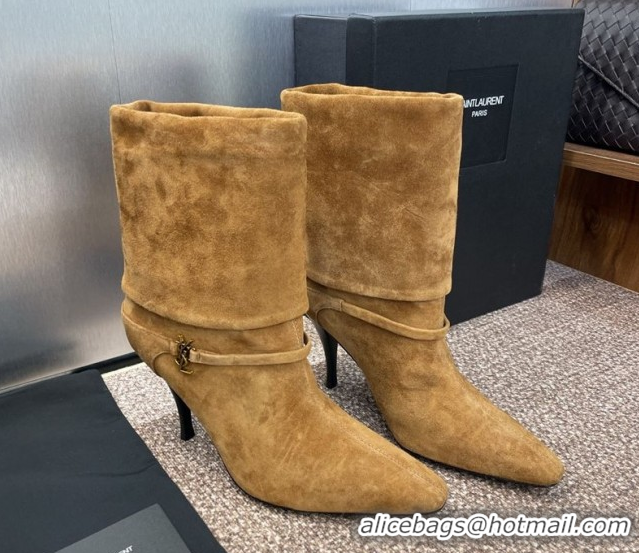 Classic Hot Saint Laurent Niki Heel Ankle Boots 9.5cm with YSL Strap in Suede Brown 0825081