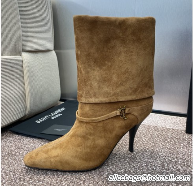 Classic Hot Saint Laurent Niki Heel Ankle Boots 9.5cm with YSL Strap in Suede Brown 0825081