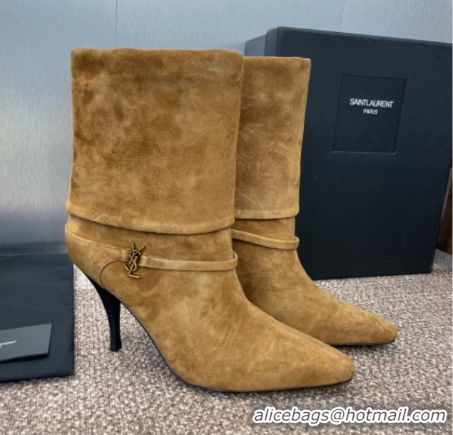 Classic Hot Saint Laurent Niki Heel Ankle Boots 9.5cm with YSL Strap in Suede Brown 0825081