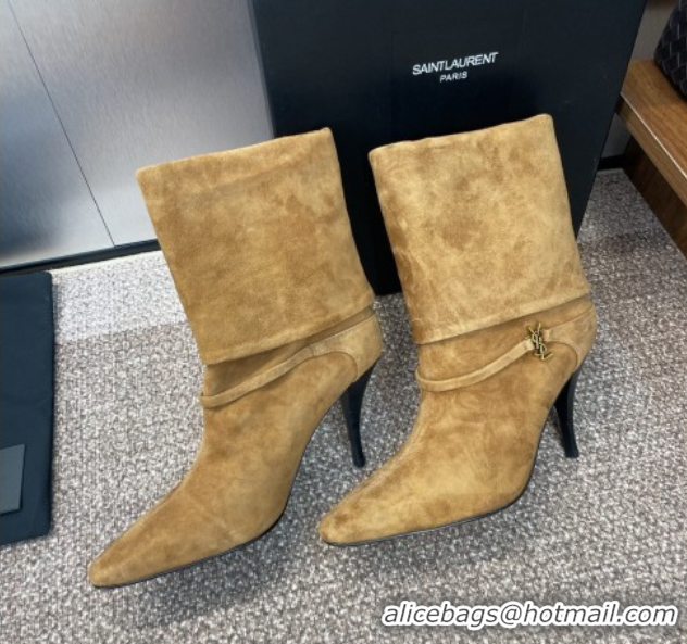 Classic Hot Saint Laurent Niki Heel Ankle Boots 9.5cm with YSL Strap in Suede Brown 0825081