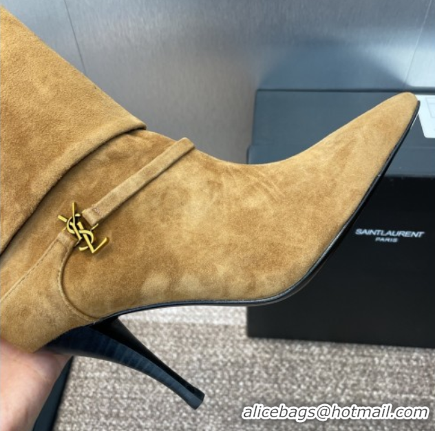 Classic Hot Saint Laurent Niki Heel Ankle Boots 9.5cm with YSL Strap in Suede Brown 0825081