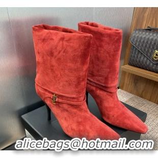 Good Quality Saint Laurent Niki Heel Ankle Boots 9.5cm with YSL Strap in Suede Red 0825082