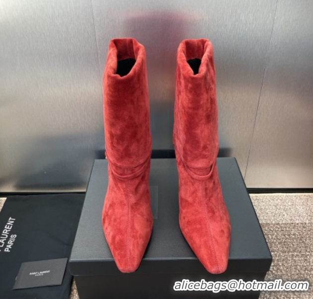 Good Quality Saint Laurent Niki Heel Ankle Boots 9.5cm with YSL Strap in Suede Red 0825082