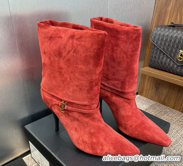 Good Quality Saint Laurent Niki Heel Ankle Boots 9.5cm with YSL Strap in Suede Red 0825082