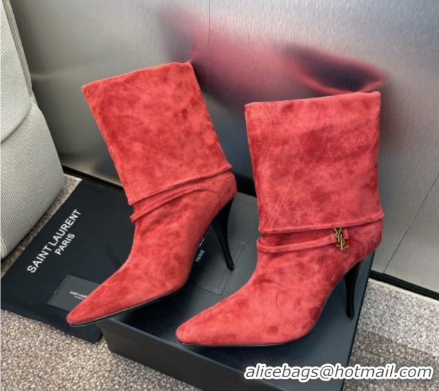 Good Quality Saint Laurent Niki Heel Ankle Boots 9.5cm with YSL Strap in Suede Red 0825082