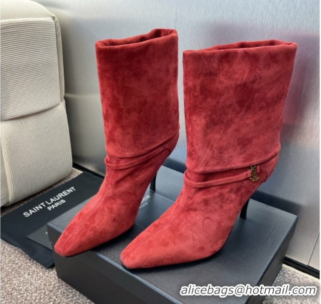 Good Quality Saint Laurent Niki Heel Ankle Boots 9.5cm with YSL Strap in Suede Red 0825082