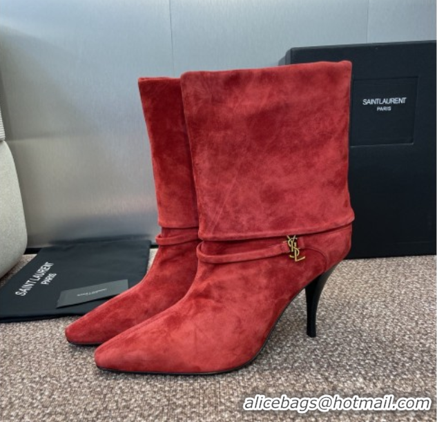 Good Quality Saint Laurent Niki Heel Ankle Boots 9.5cm with YSL Strap in Suede Red 0825082
