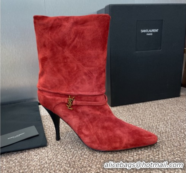Good Quality Saint Laurent Niki Heel Ankle Boots 9.5cm with YSL Strap in Suede Red 0825082