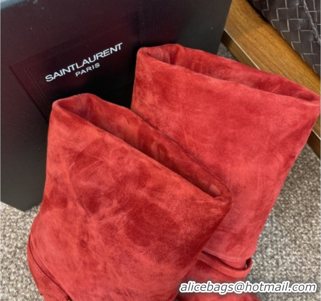 Good Quality Saint Laurent Niki Heel Ankle Boots 9.5cm with YSL Strap in Suede Red 0825082