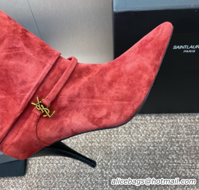Good Quality Saint Laurent Niki Heel Ankle Boots 9.5cm with YSL Strap in Suede Red 0825082