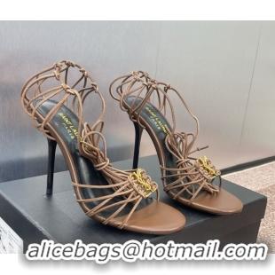 Luxury Saint Laurent Babylone Heel Sandals 9.5cm in Lambskin Leather Powder Brown 785706 0825088