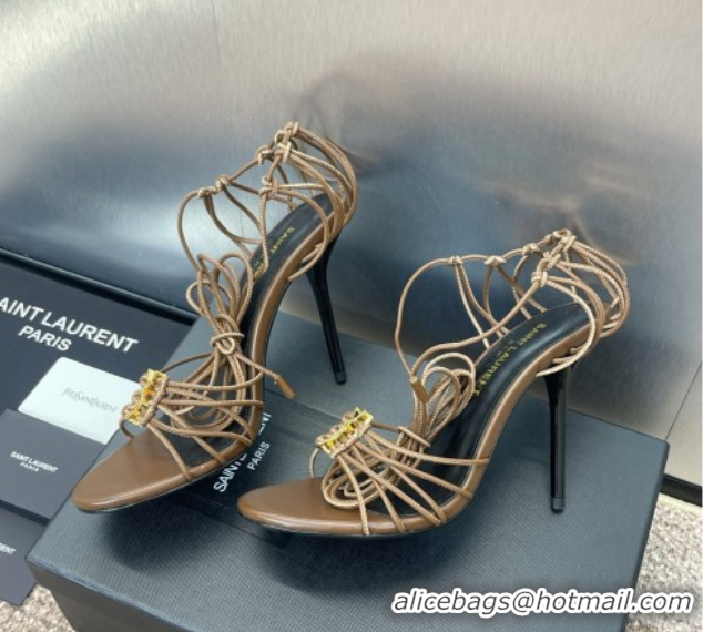 Luxury Saint Laurent Babylone Heel Sandals 9.5cm in Lambskin Leather Powder Brown 785706 0825088