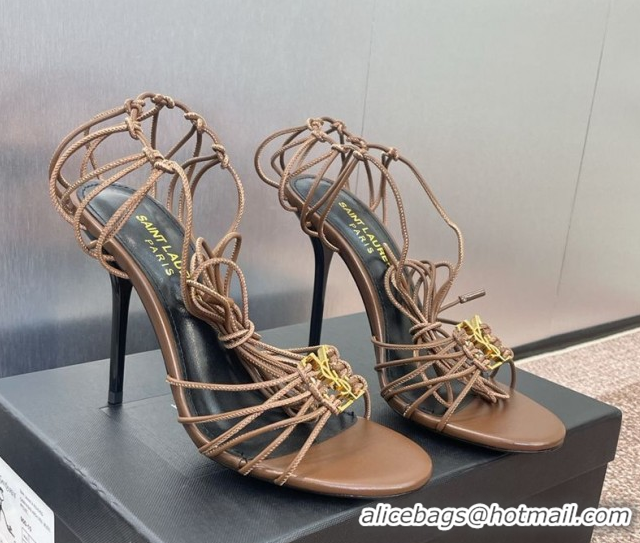 Luxury Saint Laurent Babylone Heel Sandals 9.5cm in Lambskin Leather Powder Brown 785706 0825088