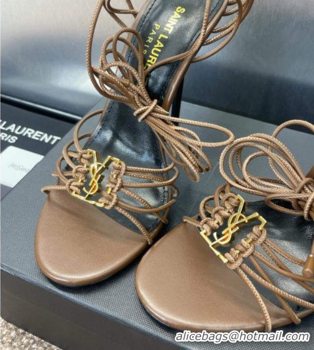 Luxury Saint Laurent Babylone Heel Sandals 9.5cm in Lambskin Leather Powder Brown 785706 0825088