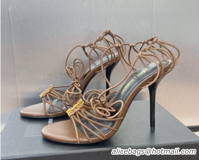 Luxury Saint Laurent Babylone Heel Sandals 9.5cm in Lambskin Leather Powder Brown 785706 0825088
